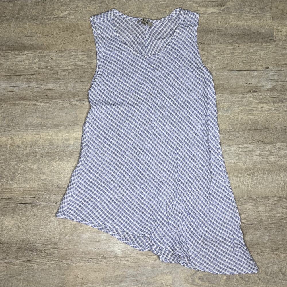 FLAX 100% Linen Purple Gingham Check Sleeveless Asymmetric Hem Tunic Size Medium
